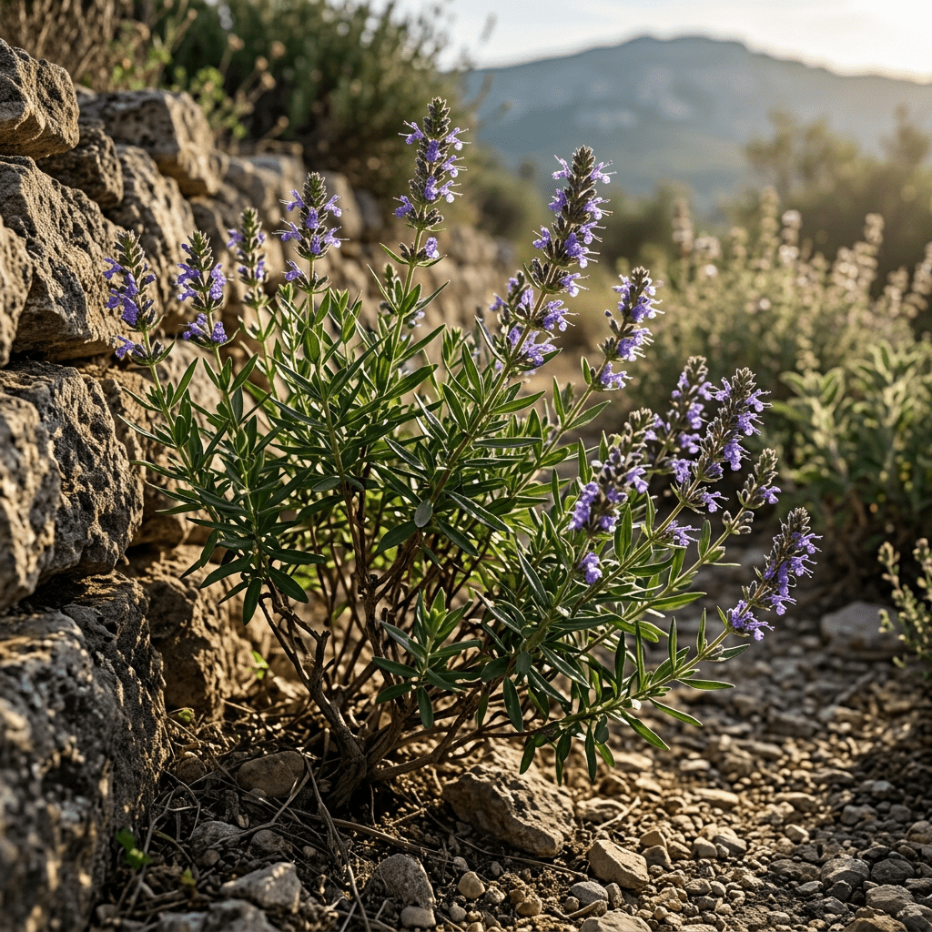 Hyssop growing on a rocky Mediterranean hillside