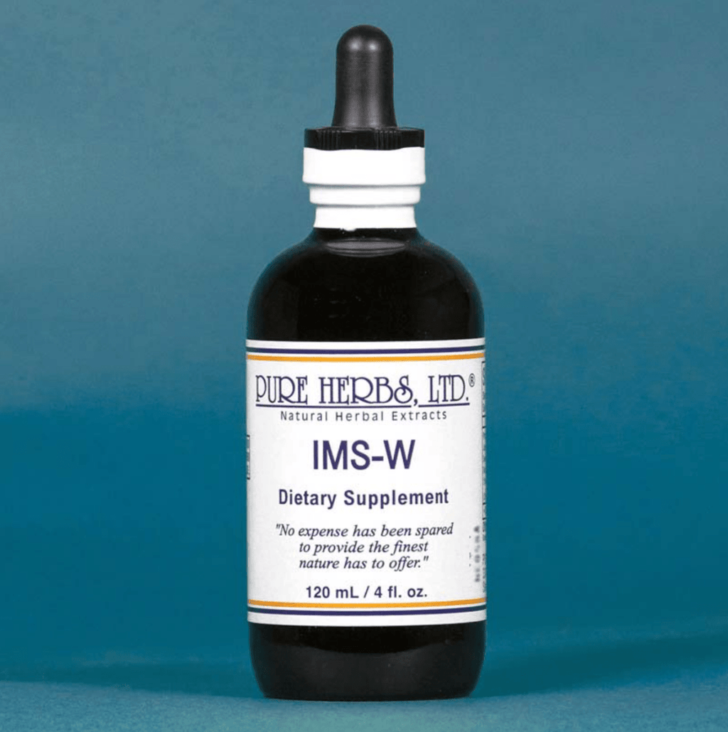 A 120 mL bottle of Pure Herbs Ltd. IMS-W dietary supplement, featuring a dark amber glass bottle with a black dropper cap and a white label, set against a solid blue background.