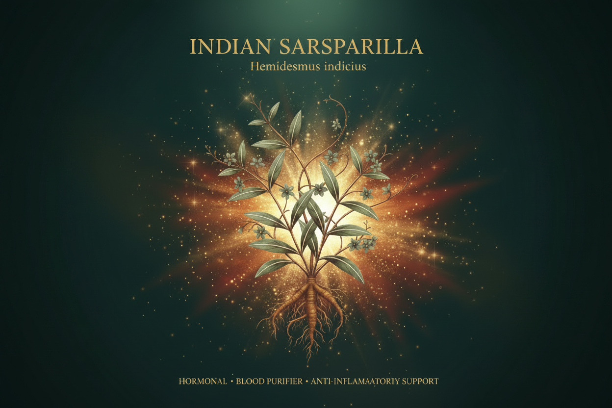 Digital graphic for Indian Sarsparilla (Hemidesmus indicius) featuring a glowing botanical illustration of the plant with roots and leaves, surrounded by golden light rays and sparkles on a dark teal background. Text at the top reads 'INDIAN SARSPARILLA' and 'Hemidesmus indicius', and text at the bottom lists benefits: 'HORMONAL • BLOOD PURIFIER • ANTI-INFLAMMATORY SUPPORT'.