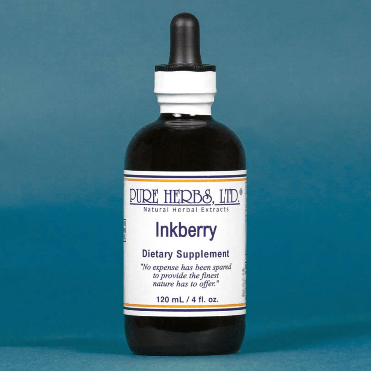 A bottle of Pure Herbs Ltd. Inkberry dietary supplement, featuring a dark amber glass bottle with a white label and a black dropper cap, set against a solid blue background.