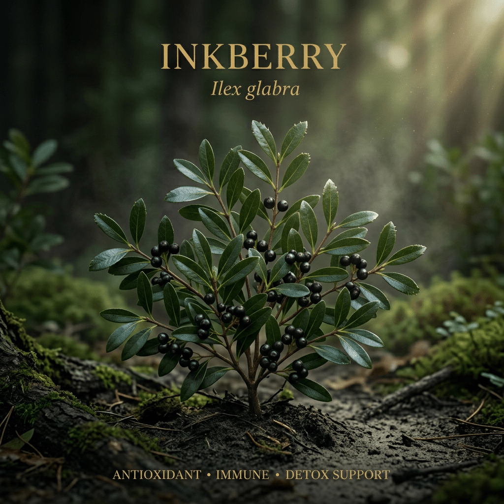 Inkberry editorial image in golden coastal woodland light