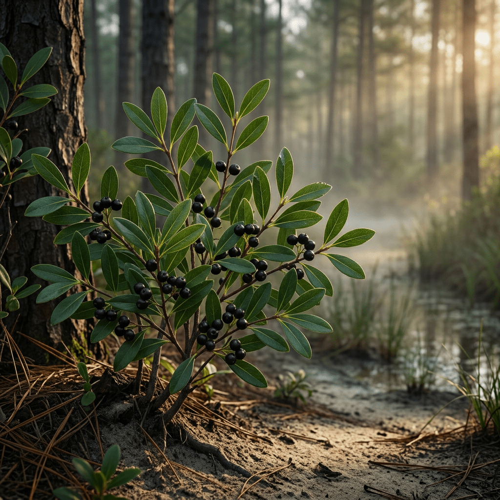 Inkberry growing beside a coastal woodland hollow