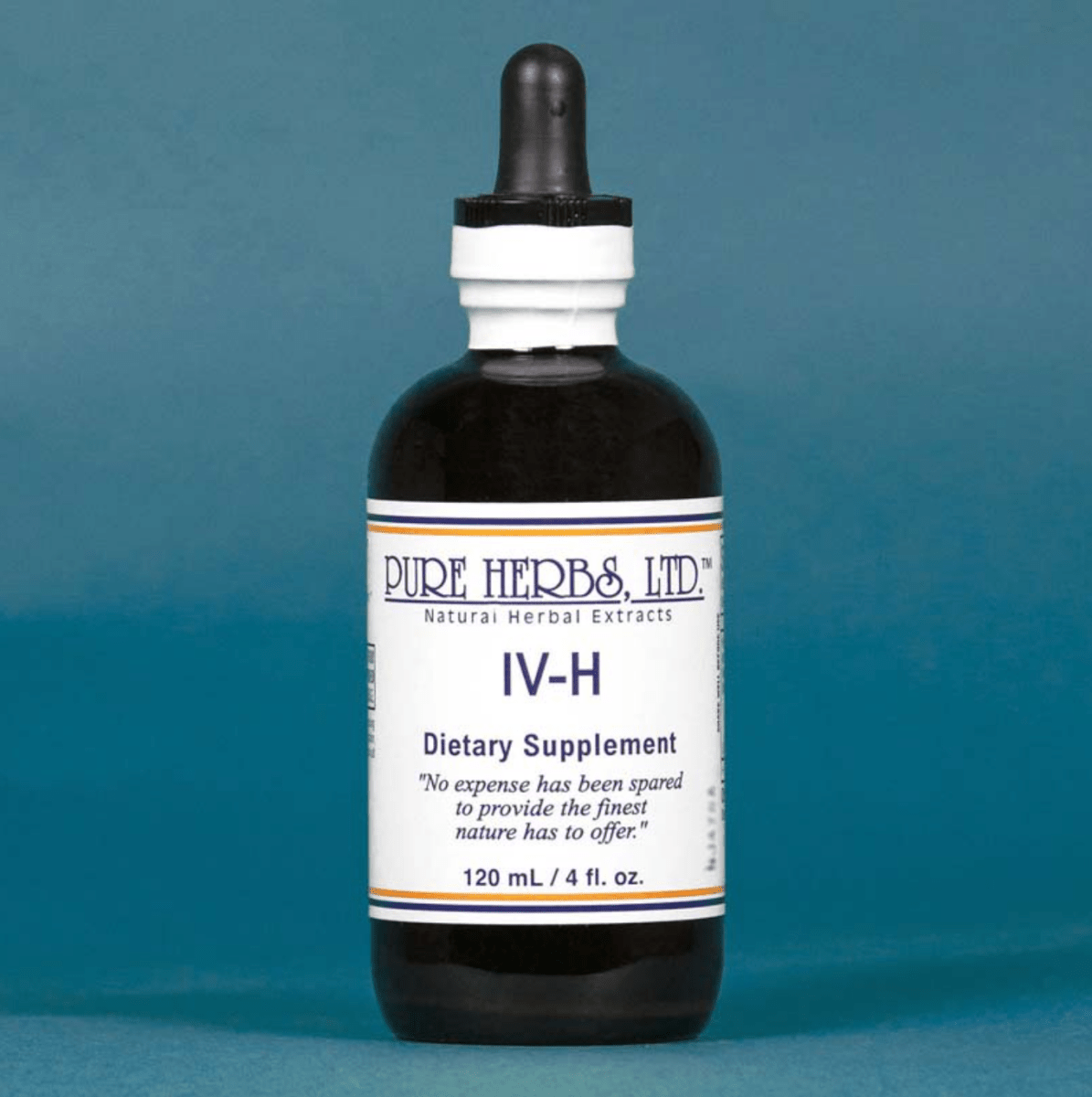 A bottle of Pure Herbs, Ltd. IV-H dietary supplement, featuring a dark amber glass bottle with a black dropper cap and a white label, set against a solid blue background.