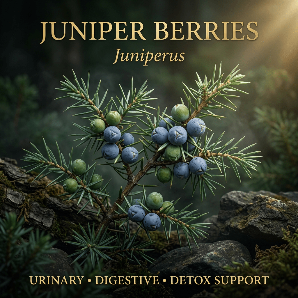Juniper berries editorial image in golden evergreen light