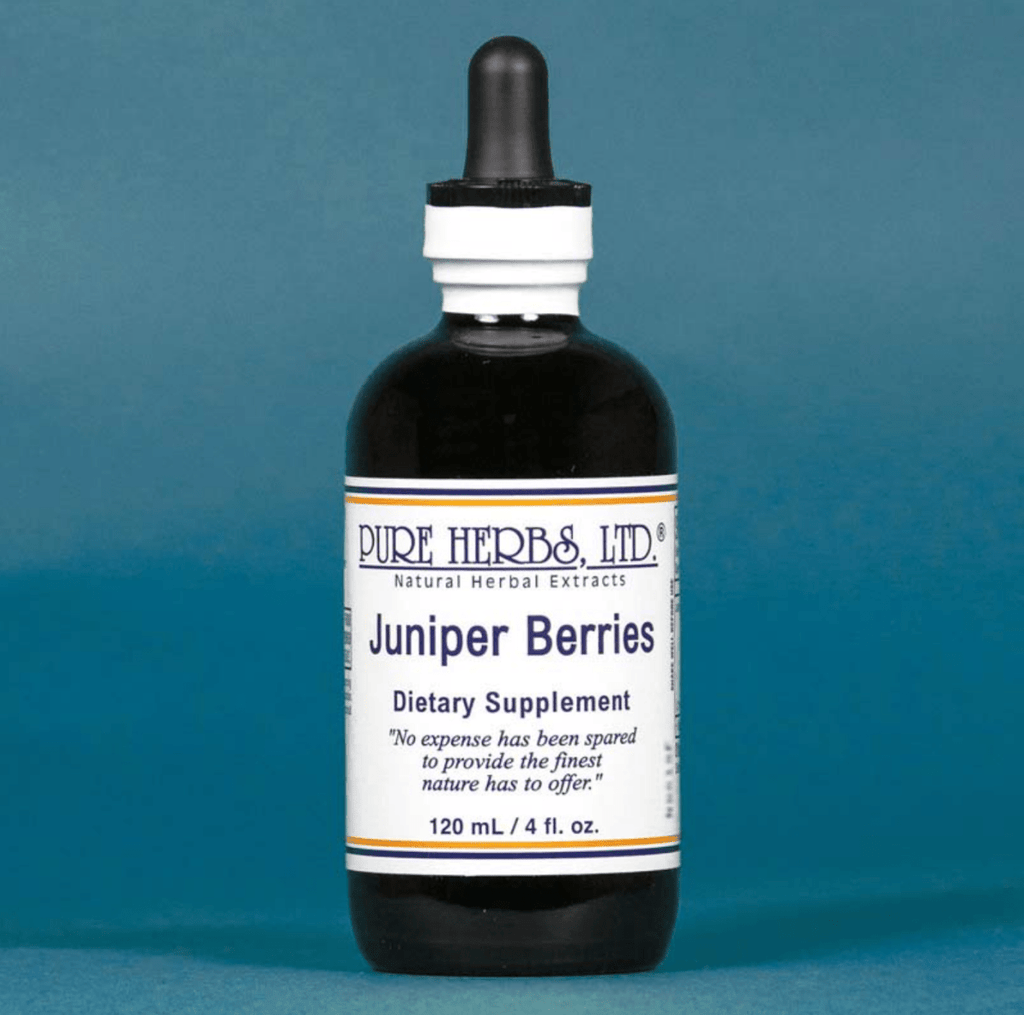 A dark amber glass bottle of Pure Herbs Ltd. Juniper Berries dietary supplement with a black dropper cap, set against a solid blue background.