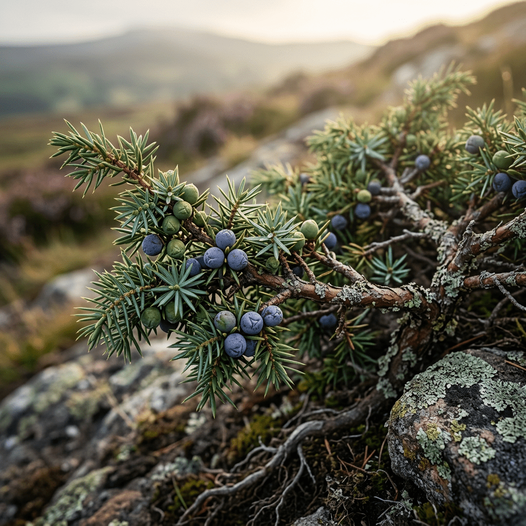 Juniper growing on a rocky moorland slope