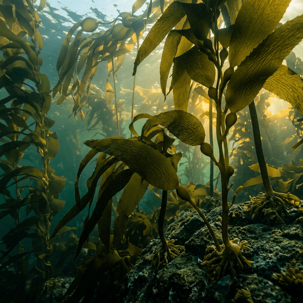 Golden sunlight filtering through an underwater kelp forest