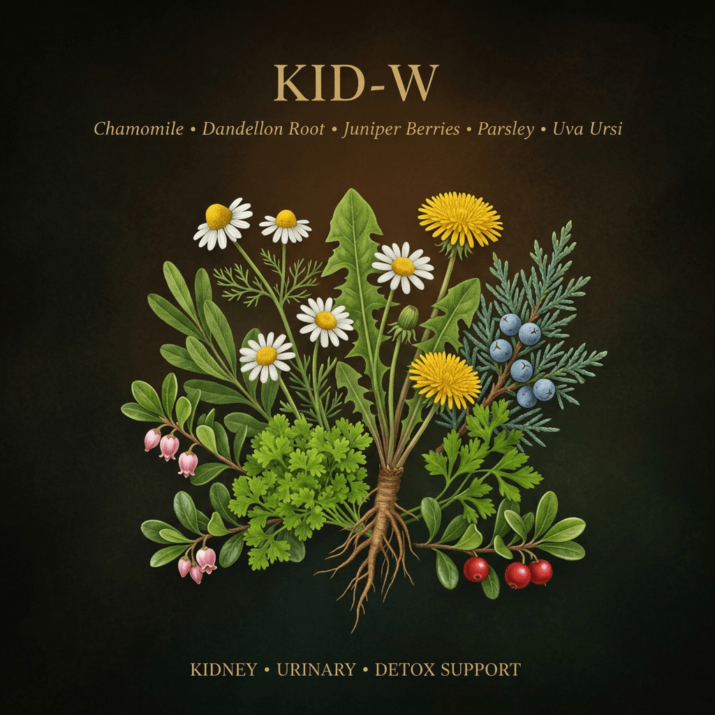 KID-W botanical editorial image with gold serif text