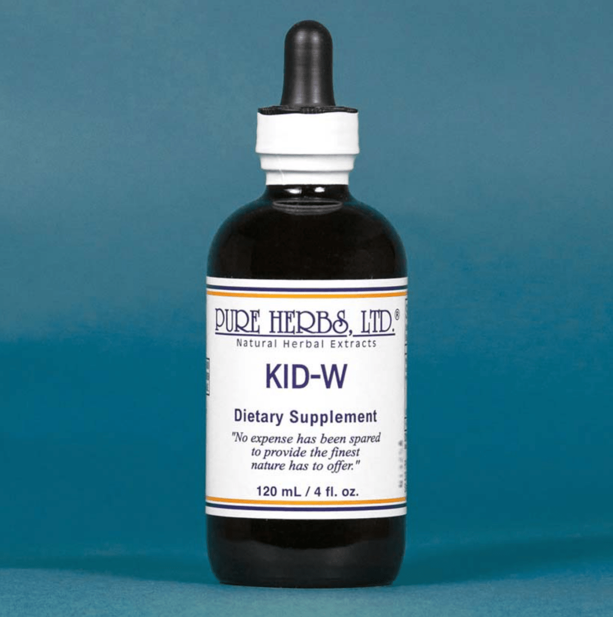A bottle of Pure Herbs, Ltd. Kid-W dietary supplement, featuring a dark amber glass bottle with a white label and a black dropper cap, set against a solid blue background.