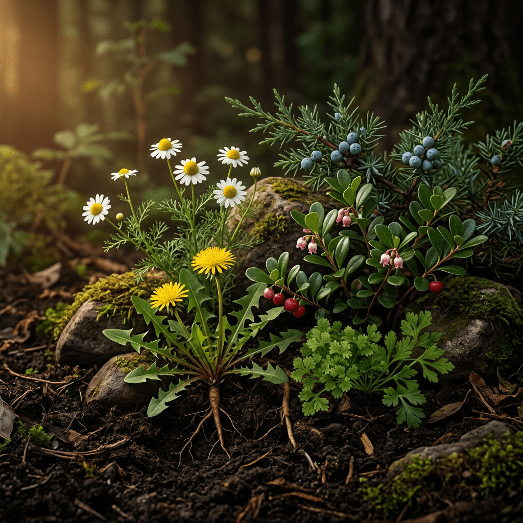 KID-W botanicals growing together in a moody garden