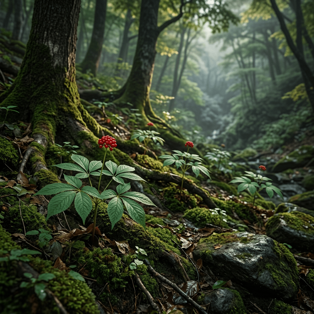 Korean ginseng growing on a mossy forest slope