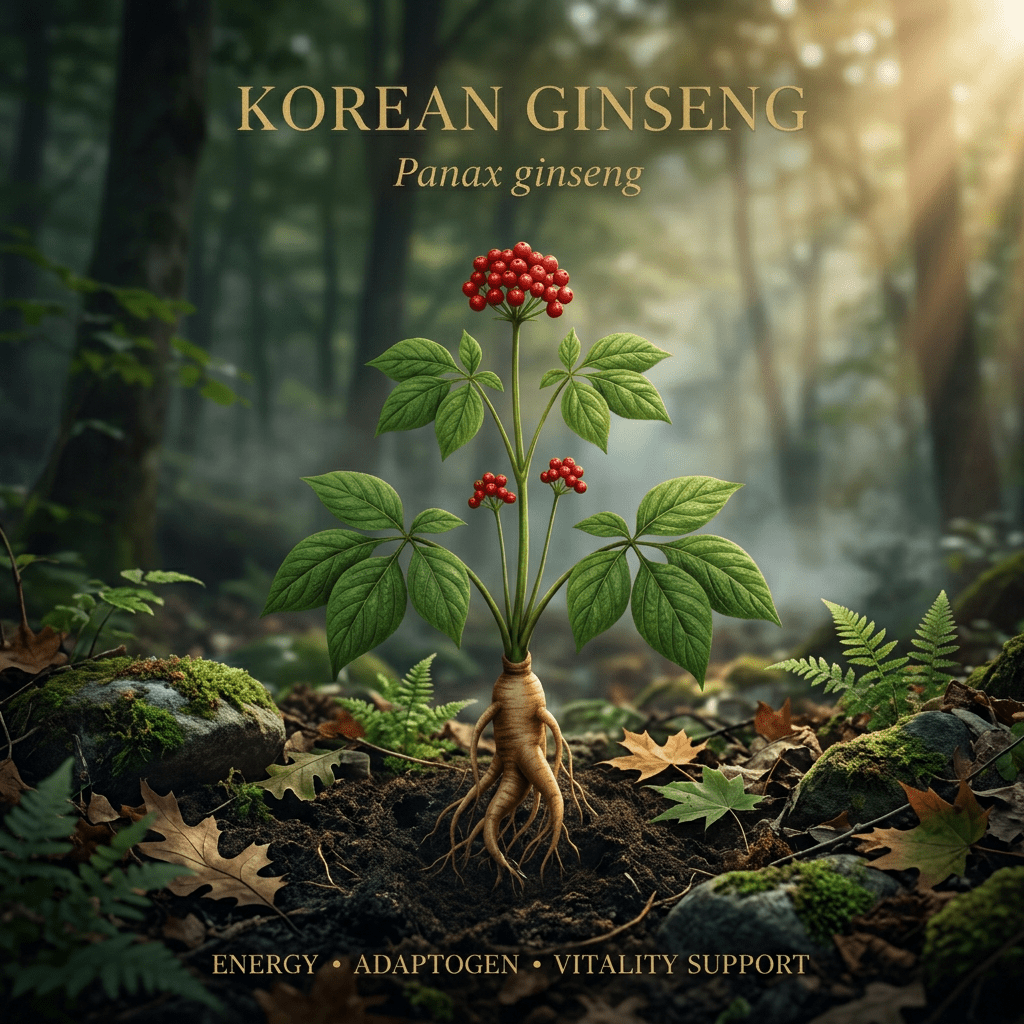 Korean ginseng editorial image in golden mountain woodland light