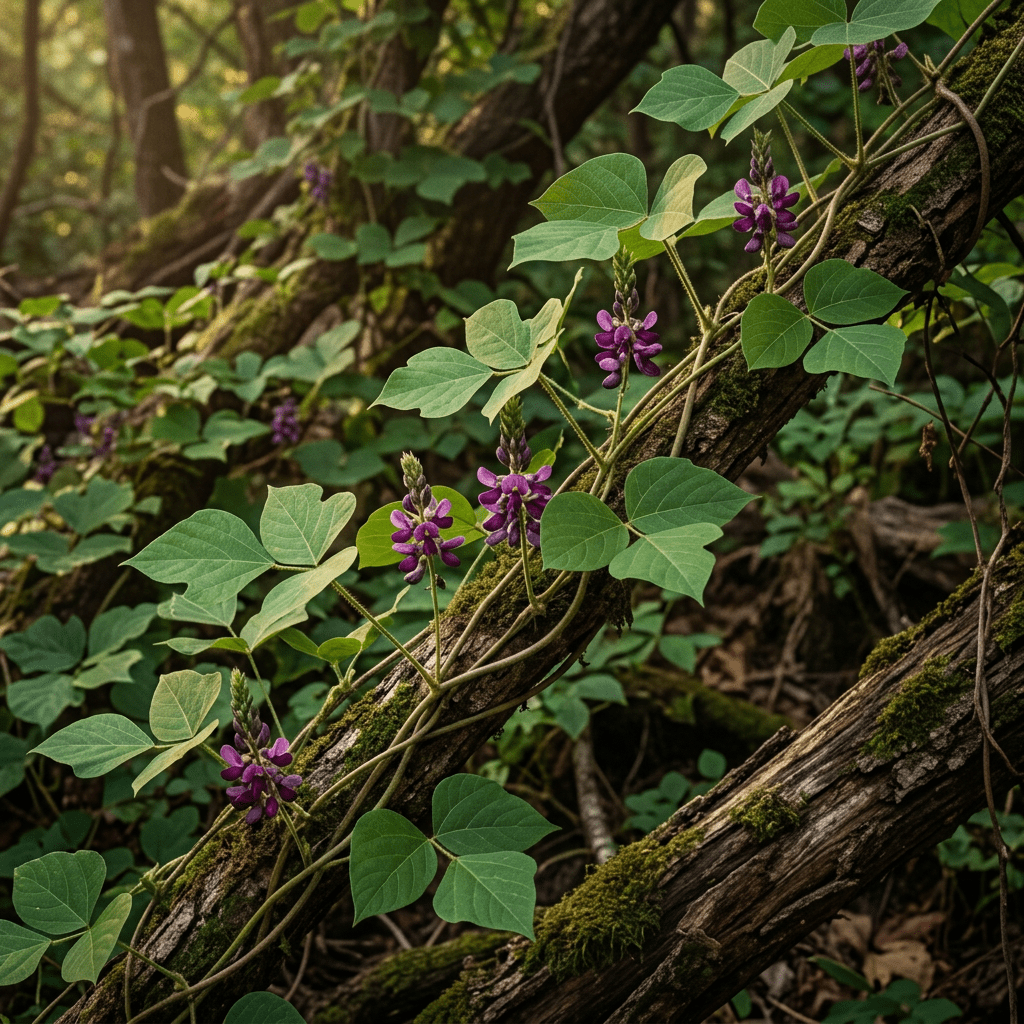 Kudzu climbing naturally through a moody woodland