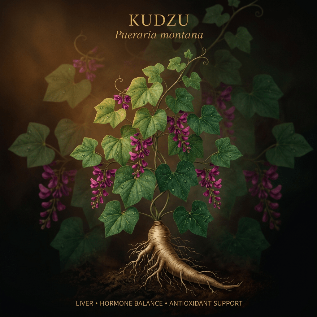 Kudzu botanical editorial image with gold serif text