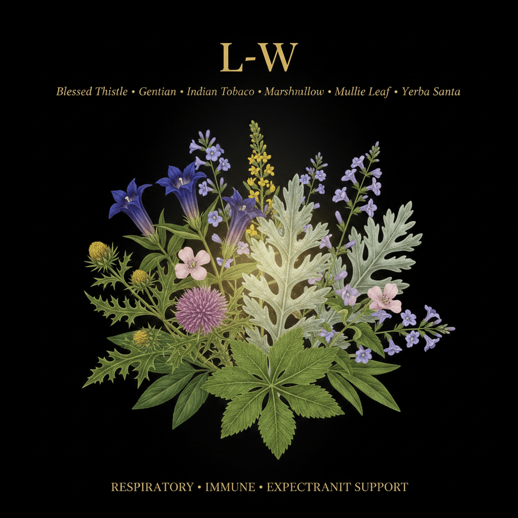 L-W – Respiratory, Immune & Expectorant Support | Blessed Thistle, Gentian, Indian Tobacco, Marshmallow, Mullein Leaf & Yerba Santa, Tincture, Futures ETC