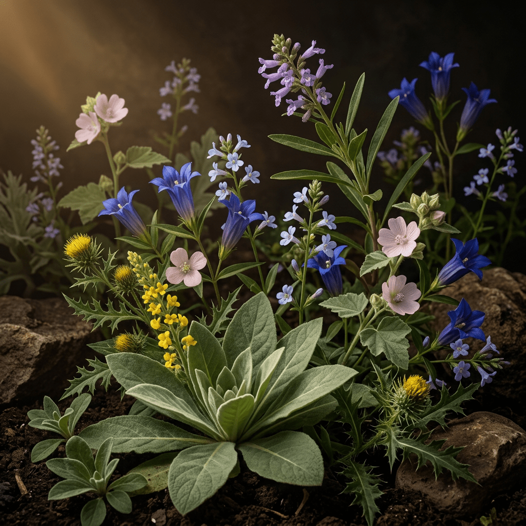 L-W herbs combined in a moody natural garden