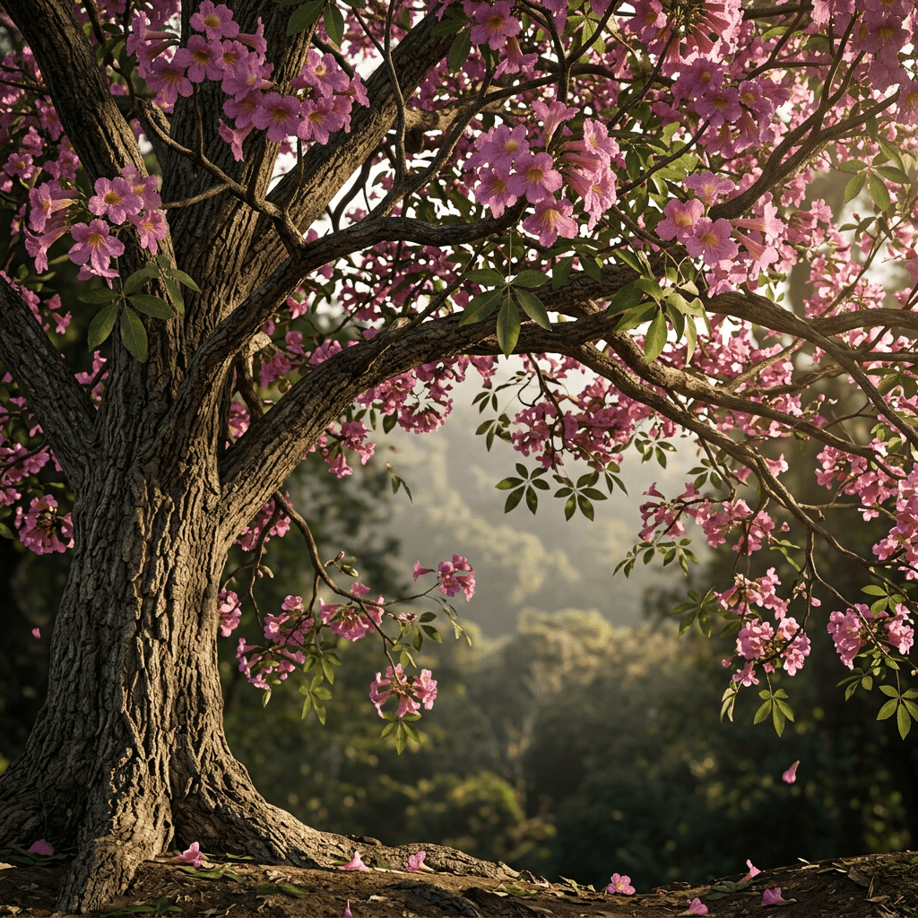 Lapacho flowering canopy in warm golden light