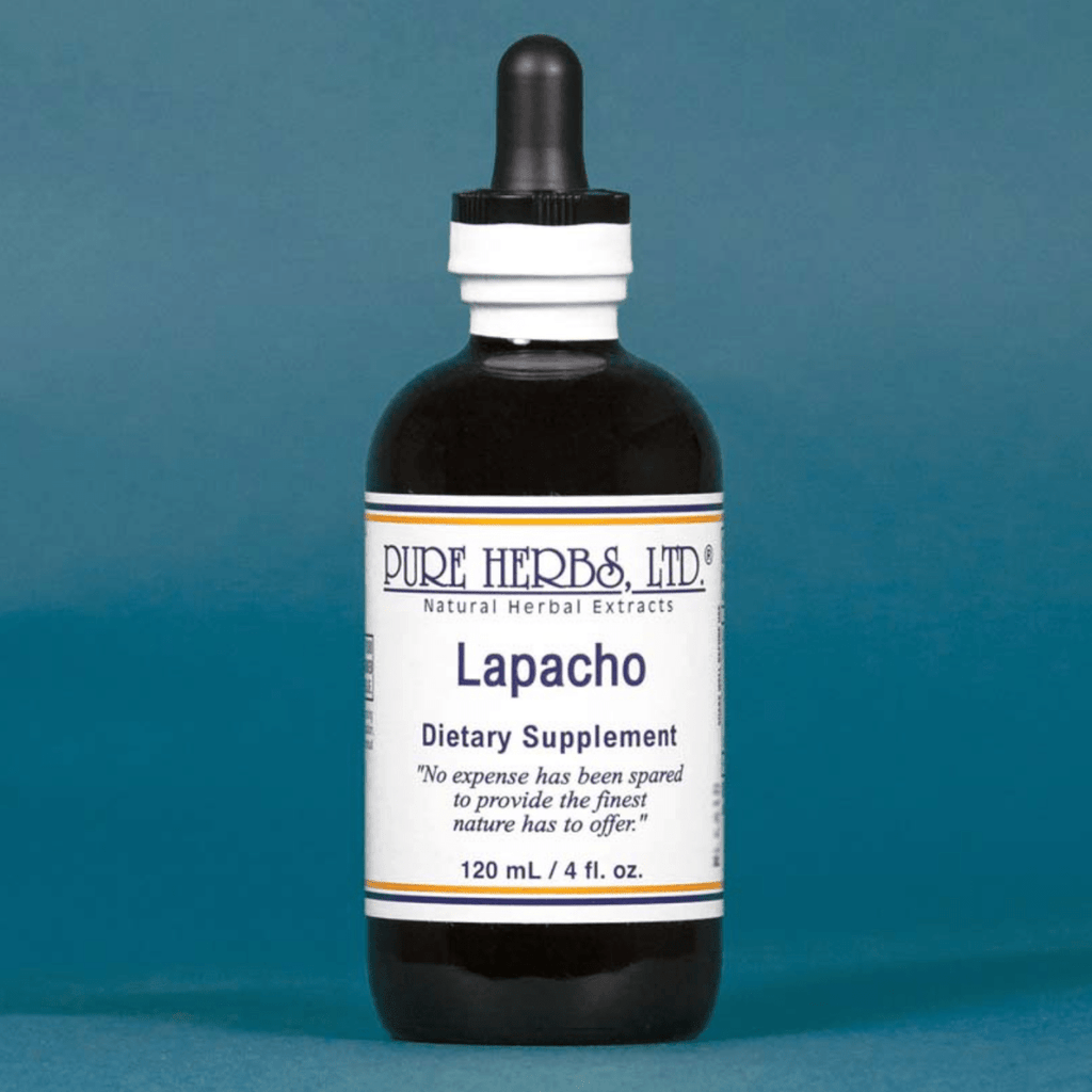 A 120 mL bottle of Pure Herbs, Ltd. Lapacho Dietary Supplement, featuring a dark amber glass bottle, white label, and black dropper cap, set against a solid blue background.