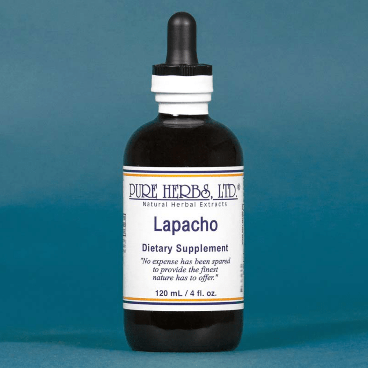 A 120 mL bottle of Pure Herbs, Ltd. Lapacho Dietary Supplement, featuring a dark amber glass bottle, white label, and black dropper cap, set against a solid blue background.