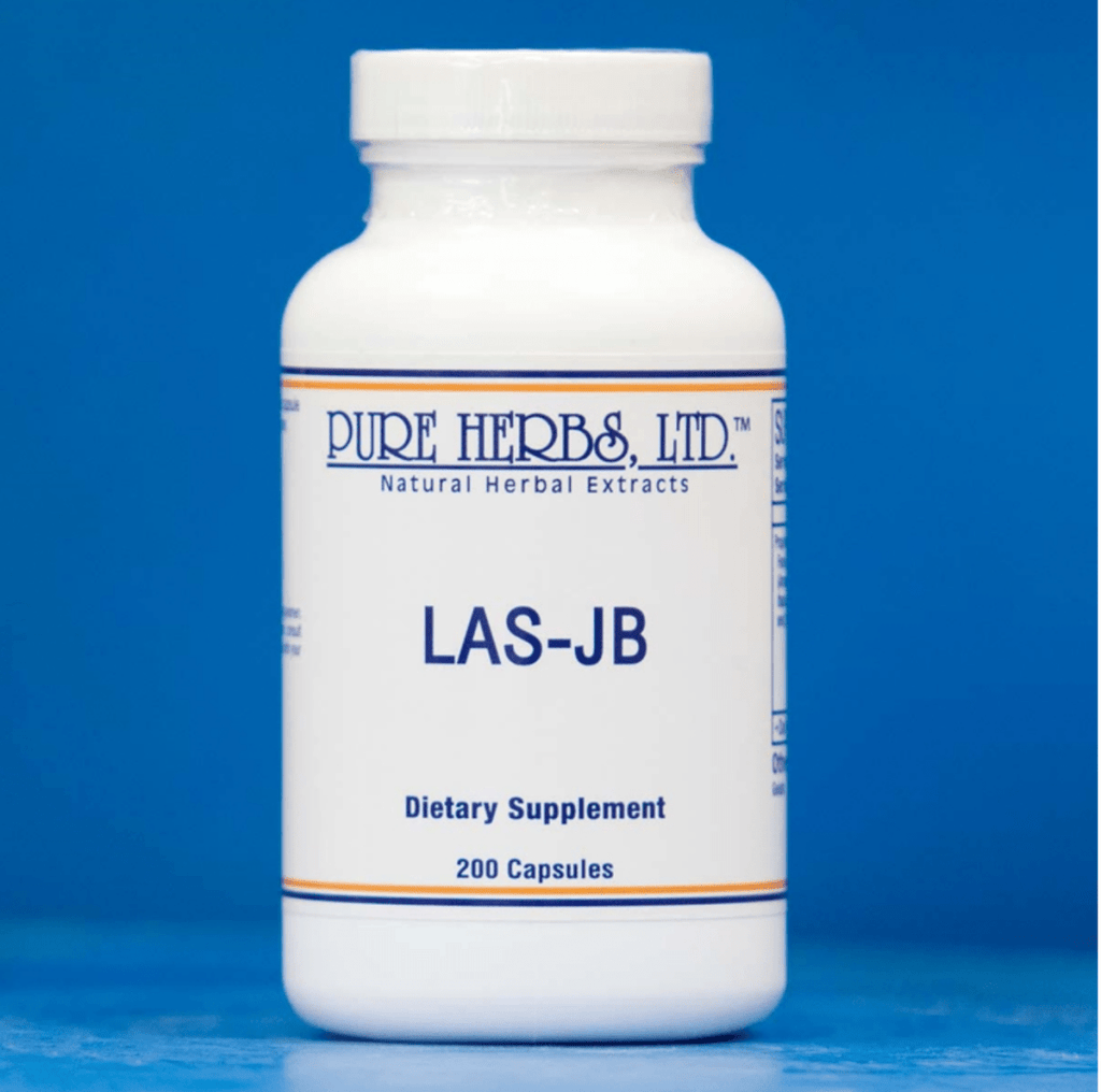 A white plastic bottle of Pure Herbs, Ltd. LAS-JB dietary supplement capsules, set against a solid blue background.