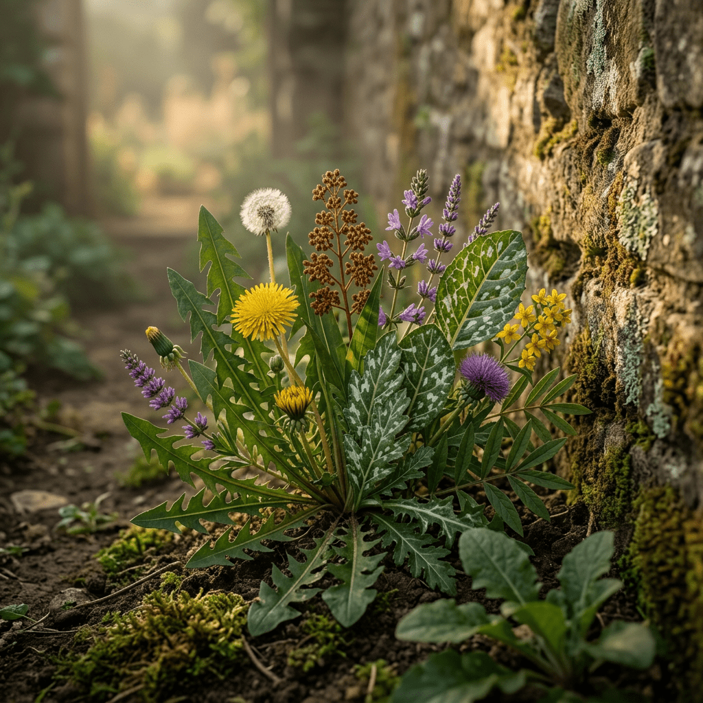 LBR-W-inspired botanicals beside a weathered garden wall