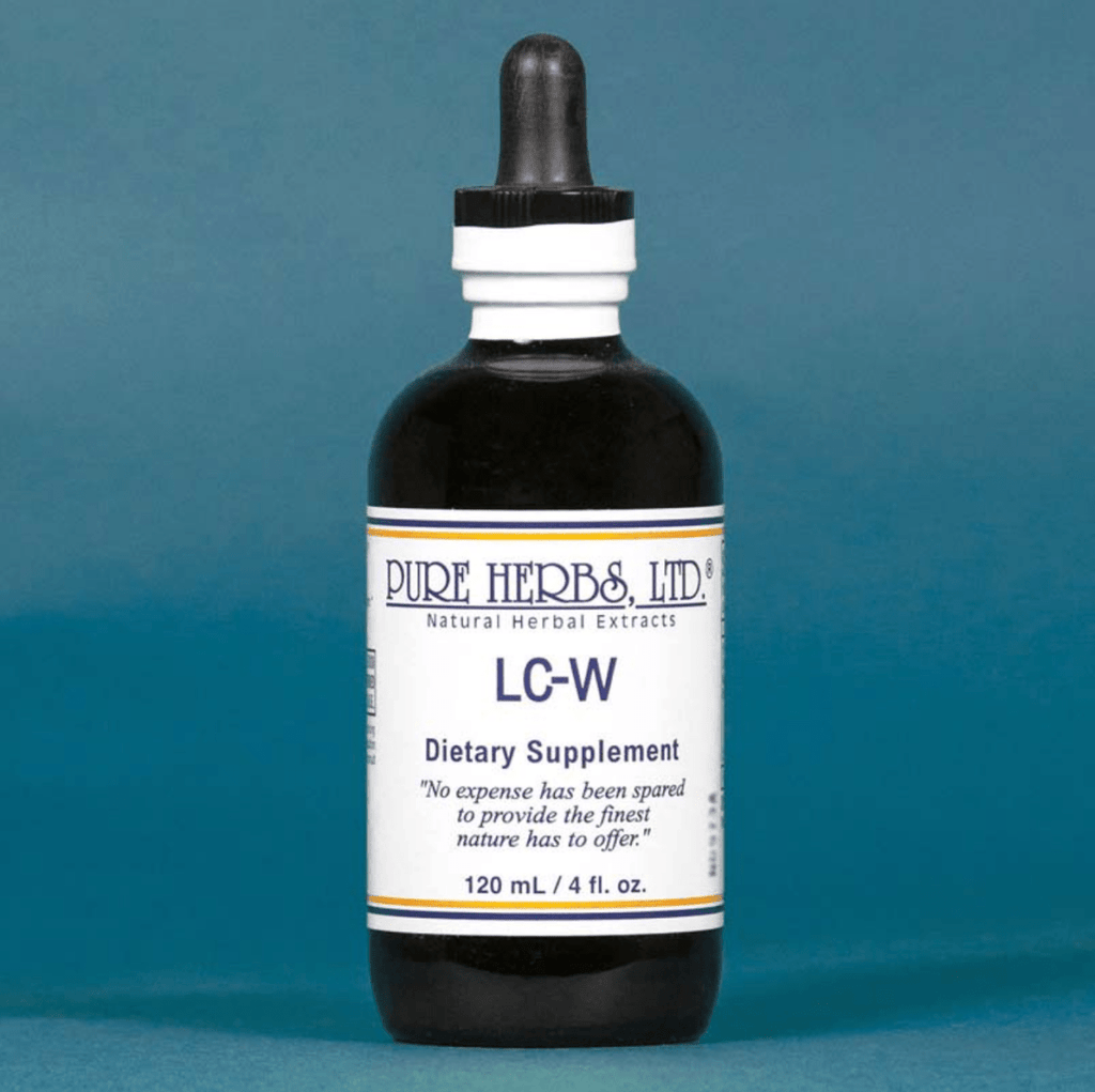 A dark amber glass dropper bottle of Pure Herbs Ltd. LC-W dietary supplement, featuring a white label with blue text, set against a solid blue background.