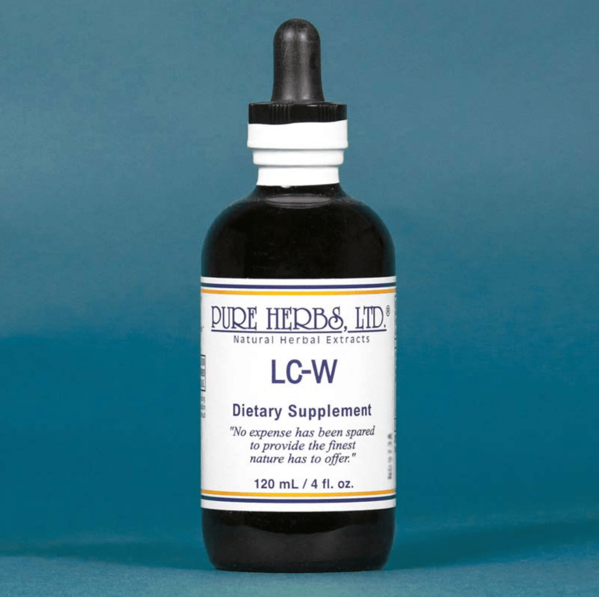 A dark amber glass dropper bottle of Pure Herbs Ltd. LC-W dietary supplement, featuring a white label with blue text, set against a solid blue background.