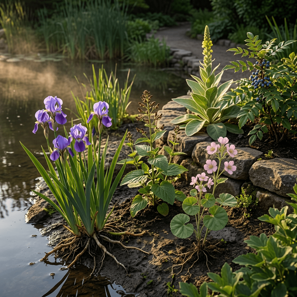 LC-W botanicals beside a sheltered garden pond