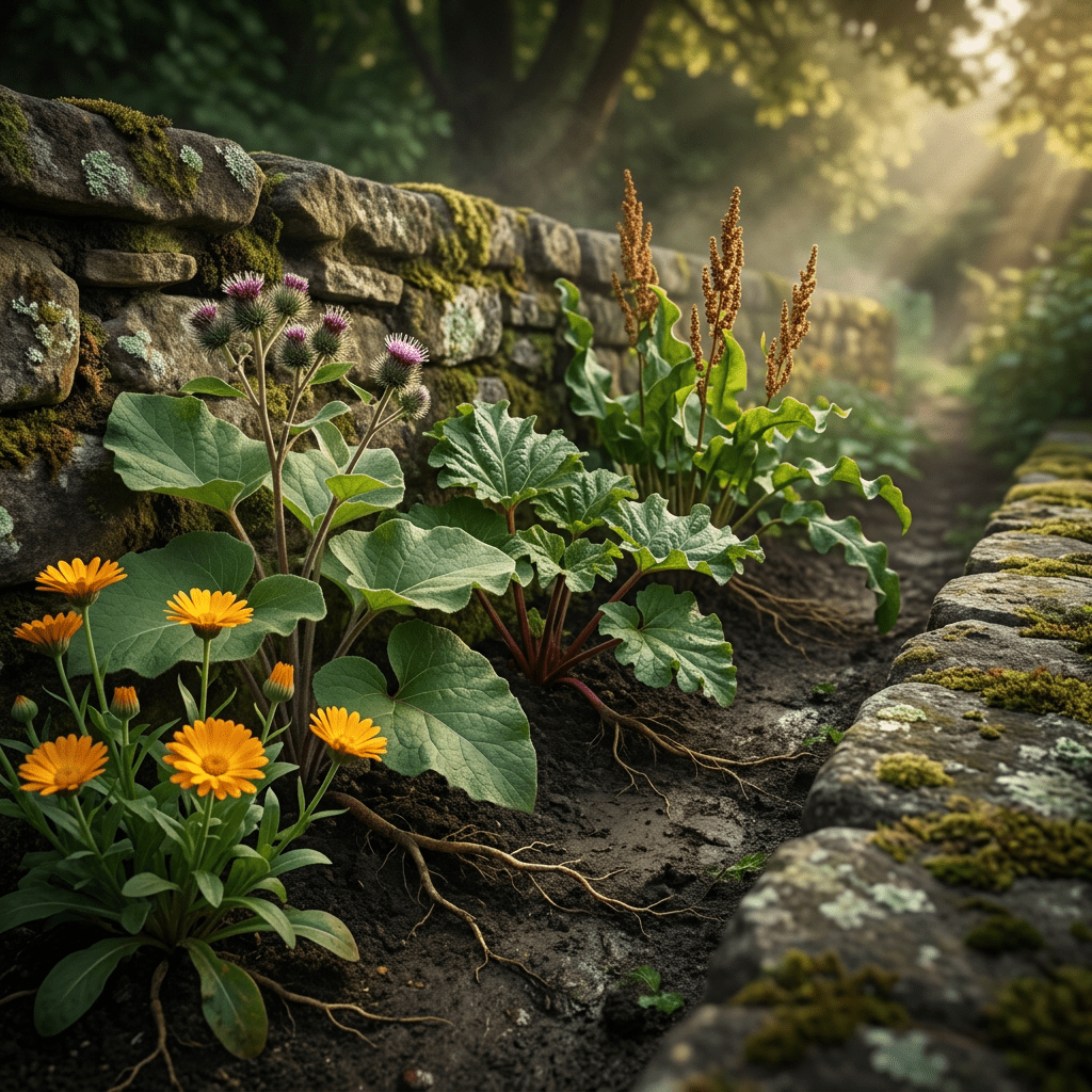 LG-W botanicals beside a weathered garden wall