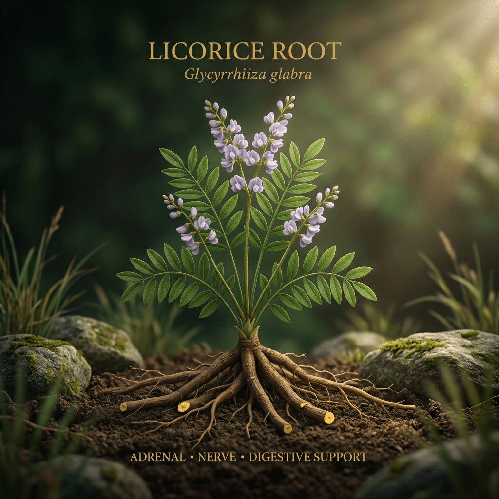 Licorice root editorial image in golden botanical light