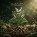 Licorice root editorial image in golden botanical light