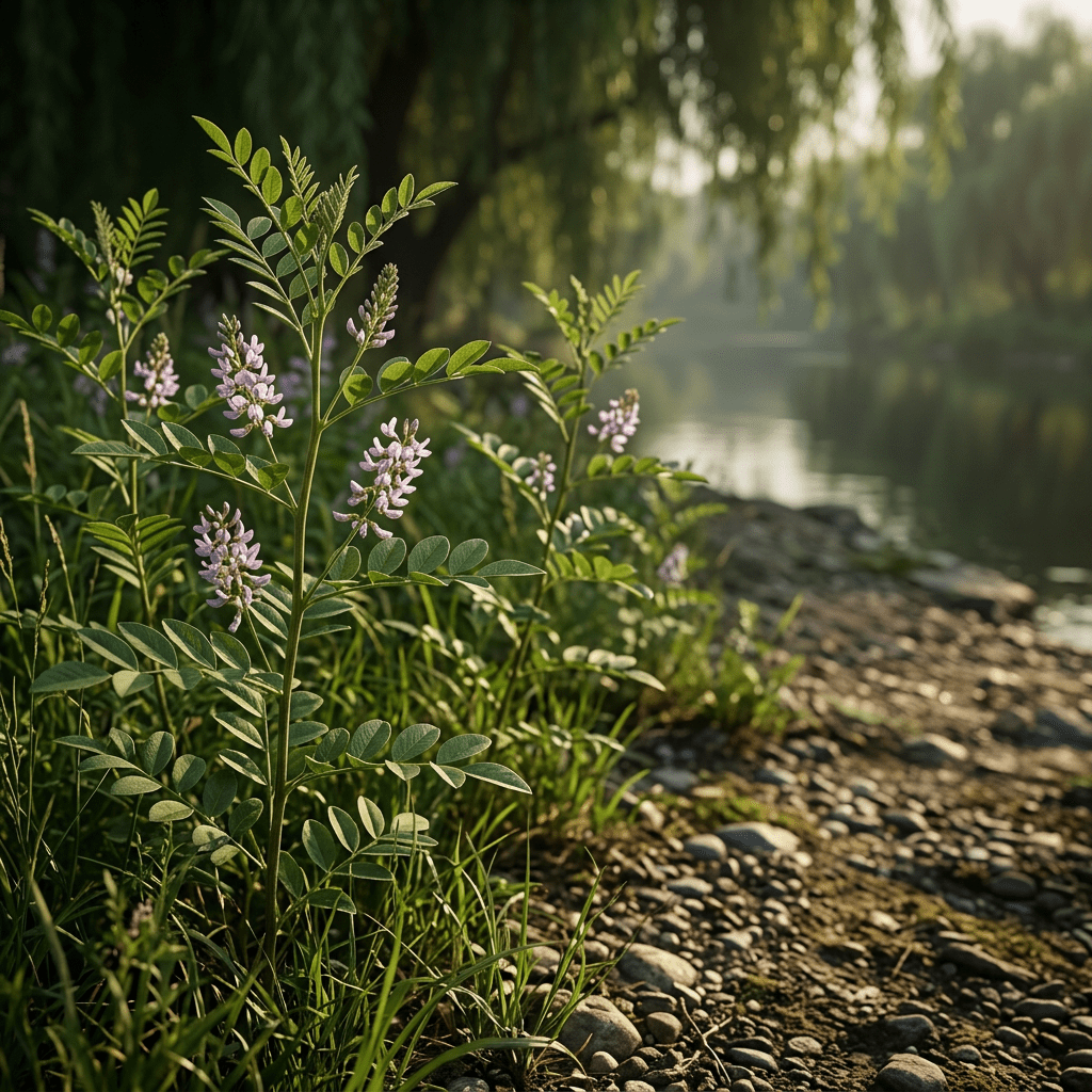Licorice growing along a sheltered riverbank
