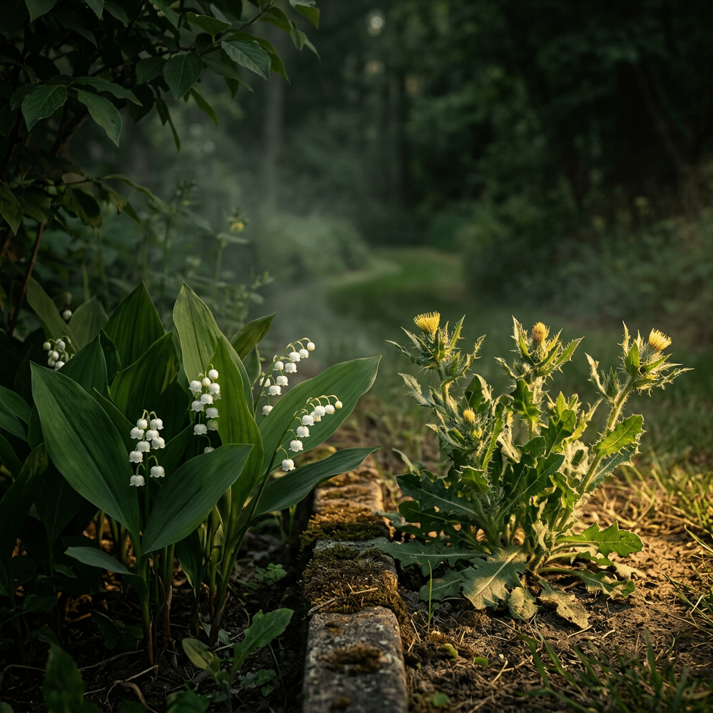 Lily of the valley and blessed thistle in a garden-edge setting