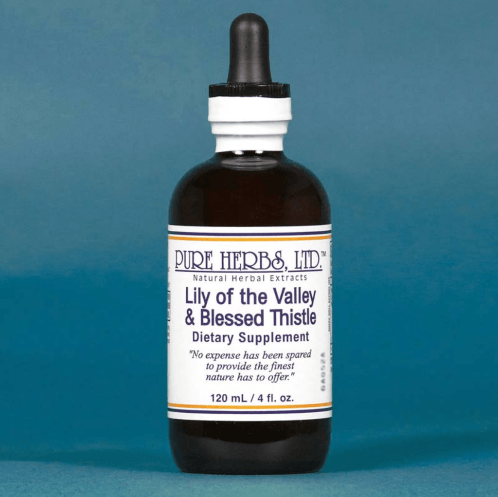 A 120 mL amber glass dropper bottle of Pure Herbs Ltd. Lily of the Valley & Blessed Thistle dietary supplement, set against a solid blue background.