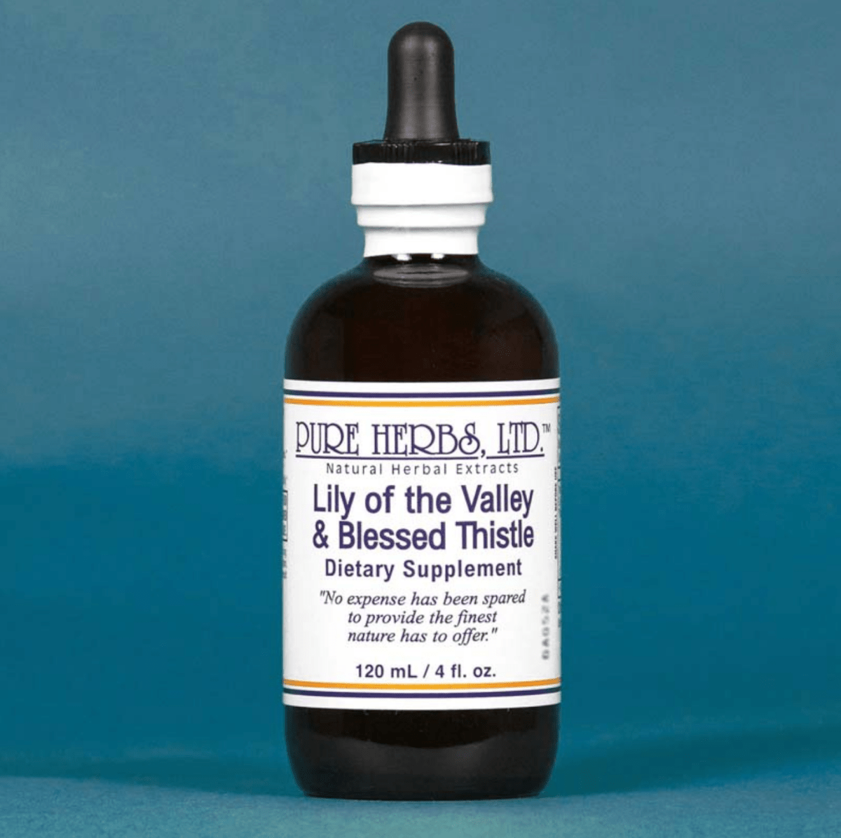 A 120 mL amber glass dropper bottle of Pure Herbs Ltd. Lily of the Valley & Blessed Thistle dietary supplement, set against a solid blue background.
