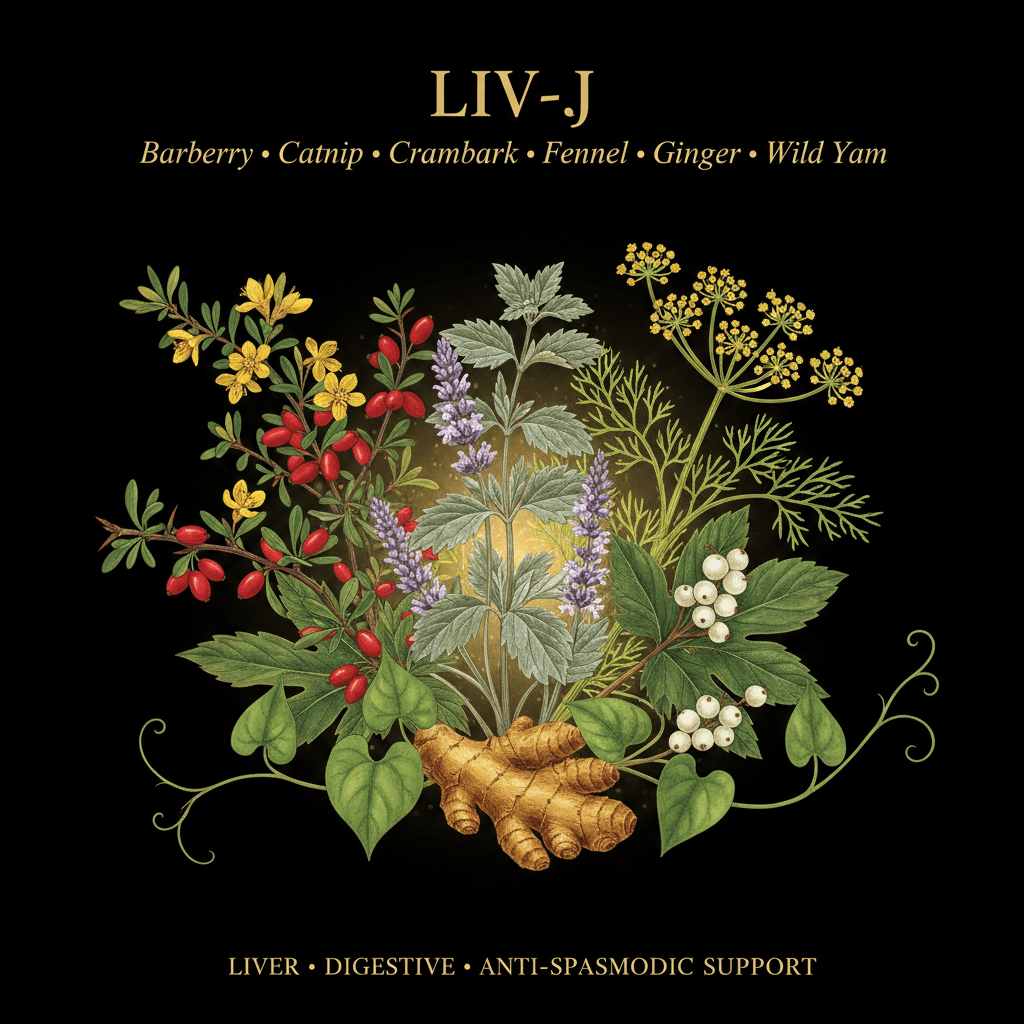 LIV - J – Liver, Digestive & Anti - Spasmodic Support | Barberry, Catnip, Crampbark, Fennel, Ginger & Wild Yam, Tincture, Futures ETC