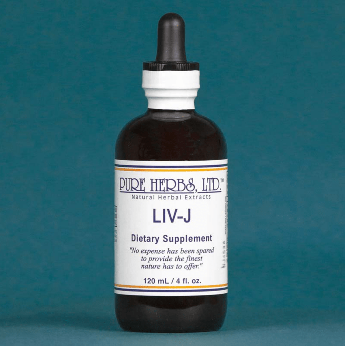 A 120 mL amber glass dropper bottle of Pure Herbs, Ltd. LIV-J dietary supplement, set against a solid teal background.