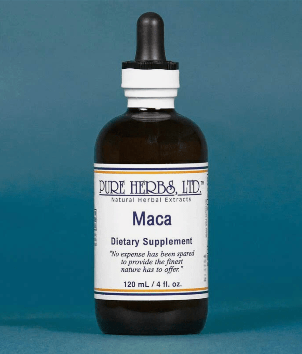 A 120 mL amber glass dropper bottle of Pure Herbs Ltd. Maca dietary supplement, featuring a white label with blue text and a black dropper cap, set against a solid teal-blue background.