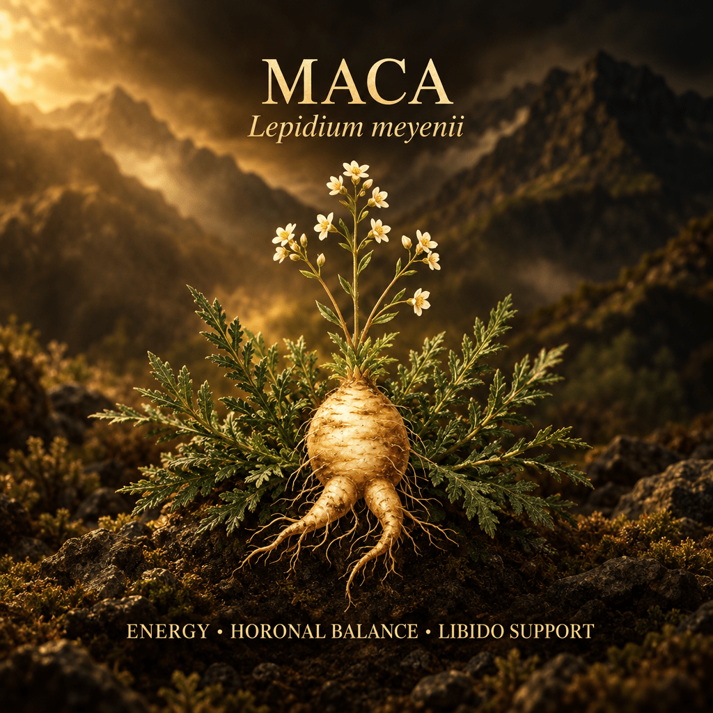 Maca botanical editorial image with gold serif text