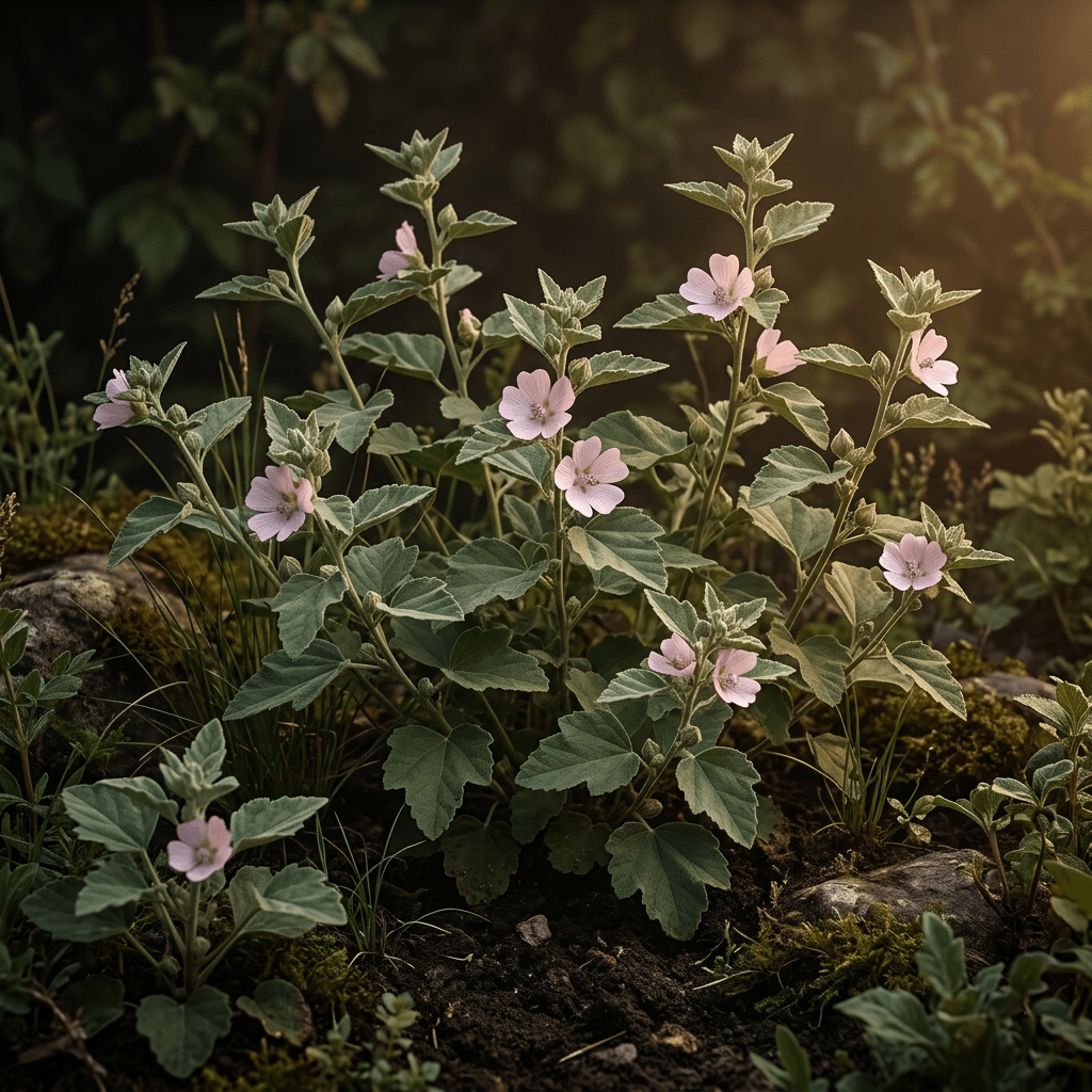 Marshmallow growing naturally in a moody herb garden