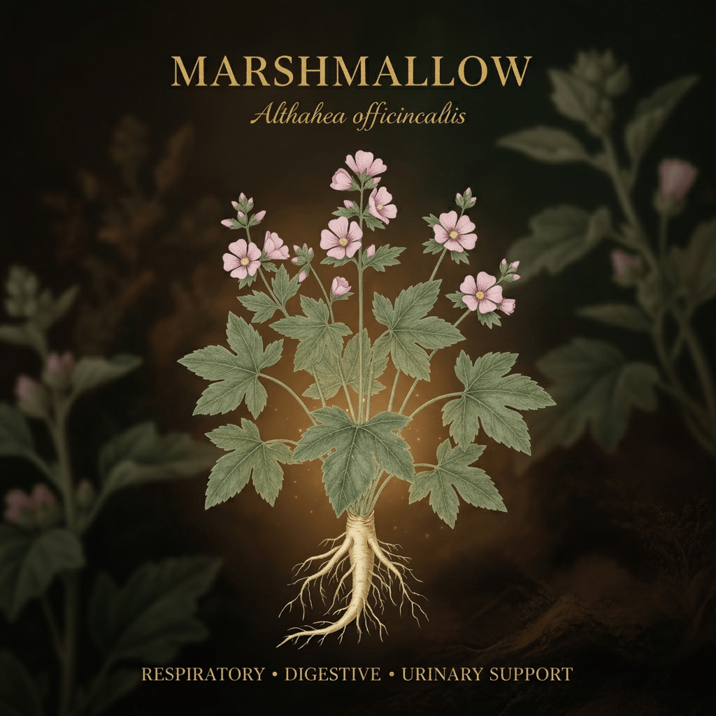 Marshmallow botanical editorial image with gold serif text