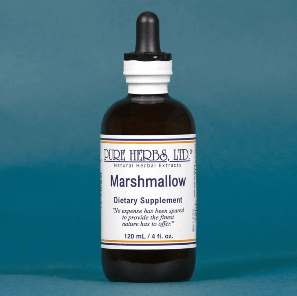 A 120 mL amber glass dropper bottle of Pure Herbs, Ltd. Marshmallow dietary supplement, featuring a white label and black dropper cap, set against a solid teal-blue background.