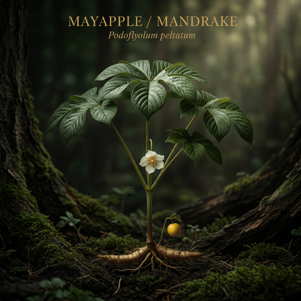 Mayapple editorial image in golden woodland light