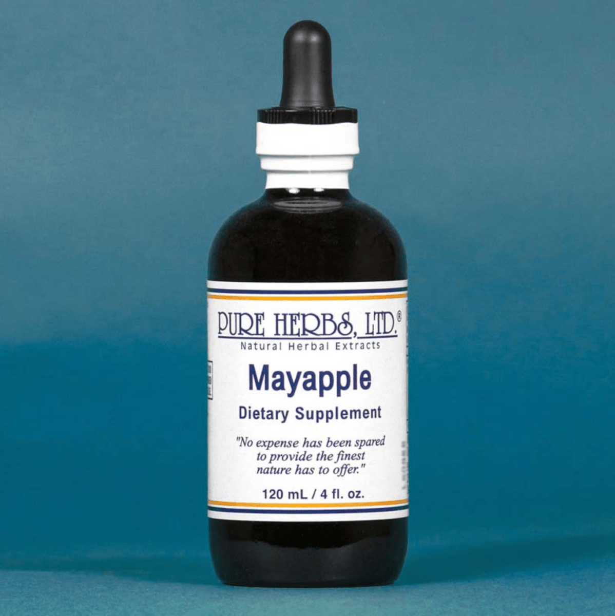 A bottle of Pure Herbs Ltd. Mayapple dietary supplement, featuring a dark amber glass bottle with a black dropper cap and a white label, set against a solid blue background.