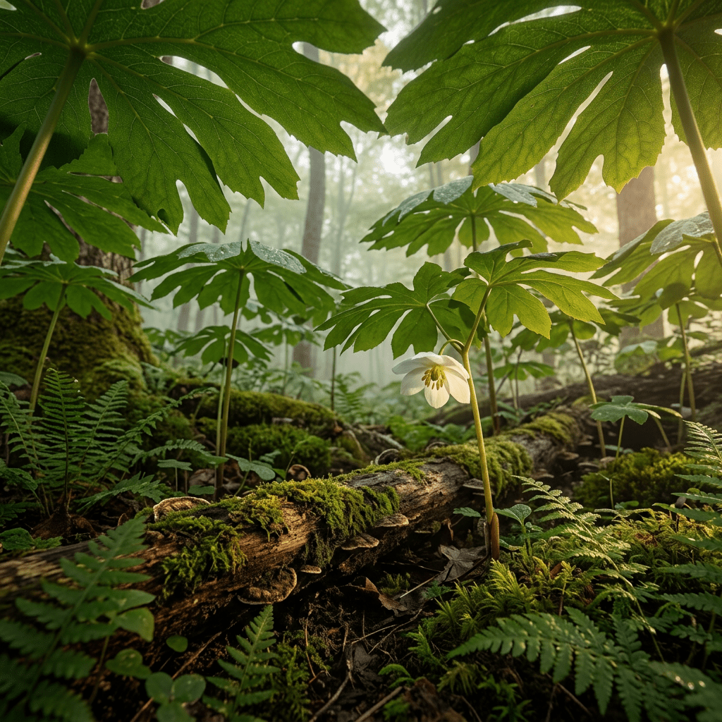 Mayapple growing in a fern-filled woodland hollow