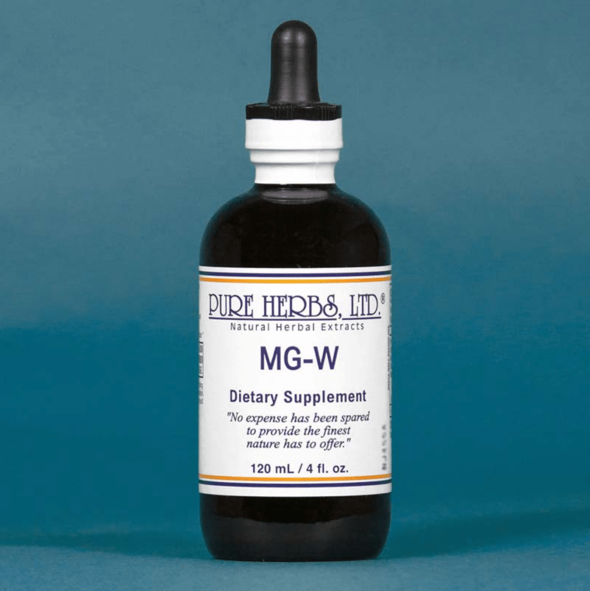 A dark amber glass dropper bottle of Pure Herbs, Ltd. MG-W Dietary Supplement, featuring a white label and black dropper cap, set against a solid slate blue background.