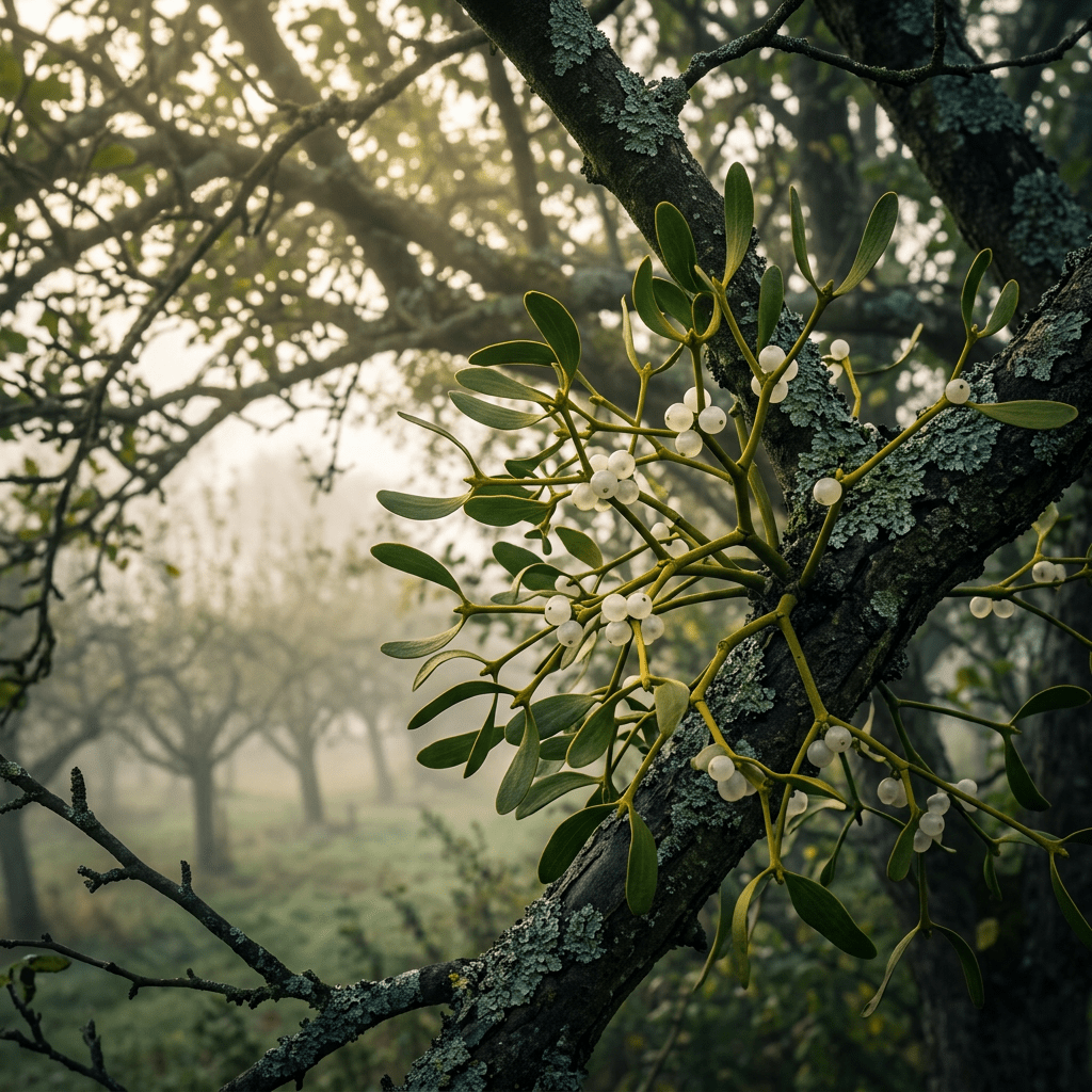 Mistletoe growing in an orchard canopy