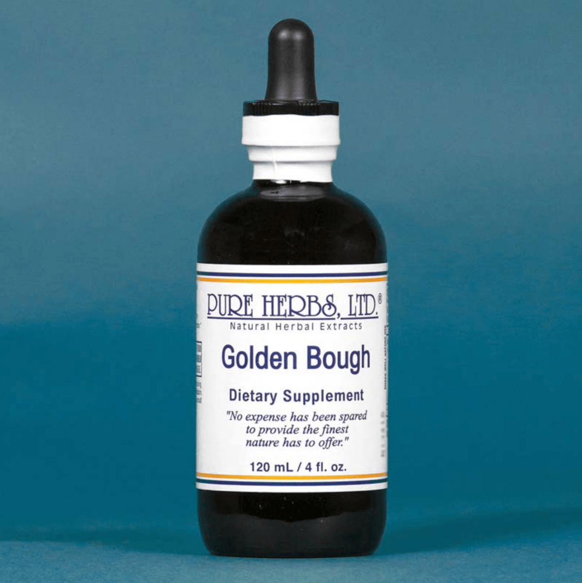 A 120 mL amber glass dropper bottle of Pure Herbs Ltd. Golden Bough dietary supplement, featuring a white label with blue text and a black dropper cap, set against a solid teal-blue background.