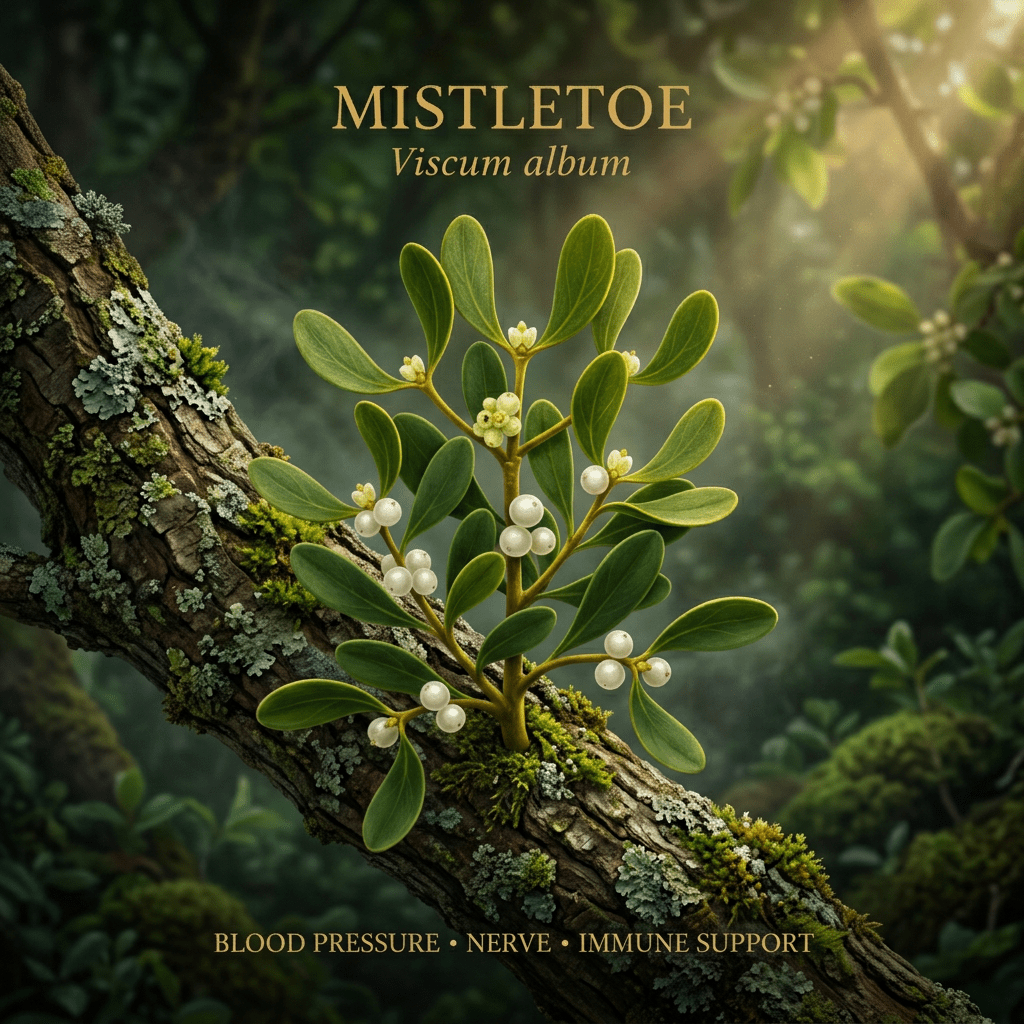 Mistletoe editorial image in golden woodland light