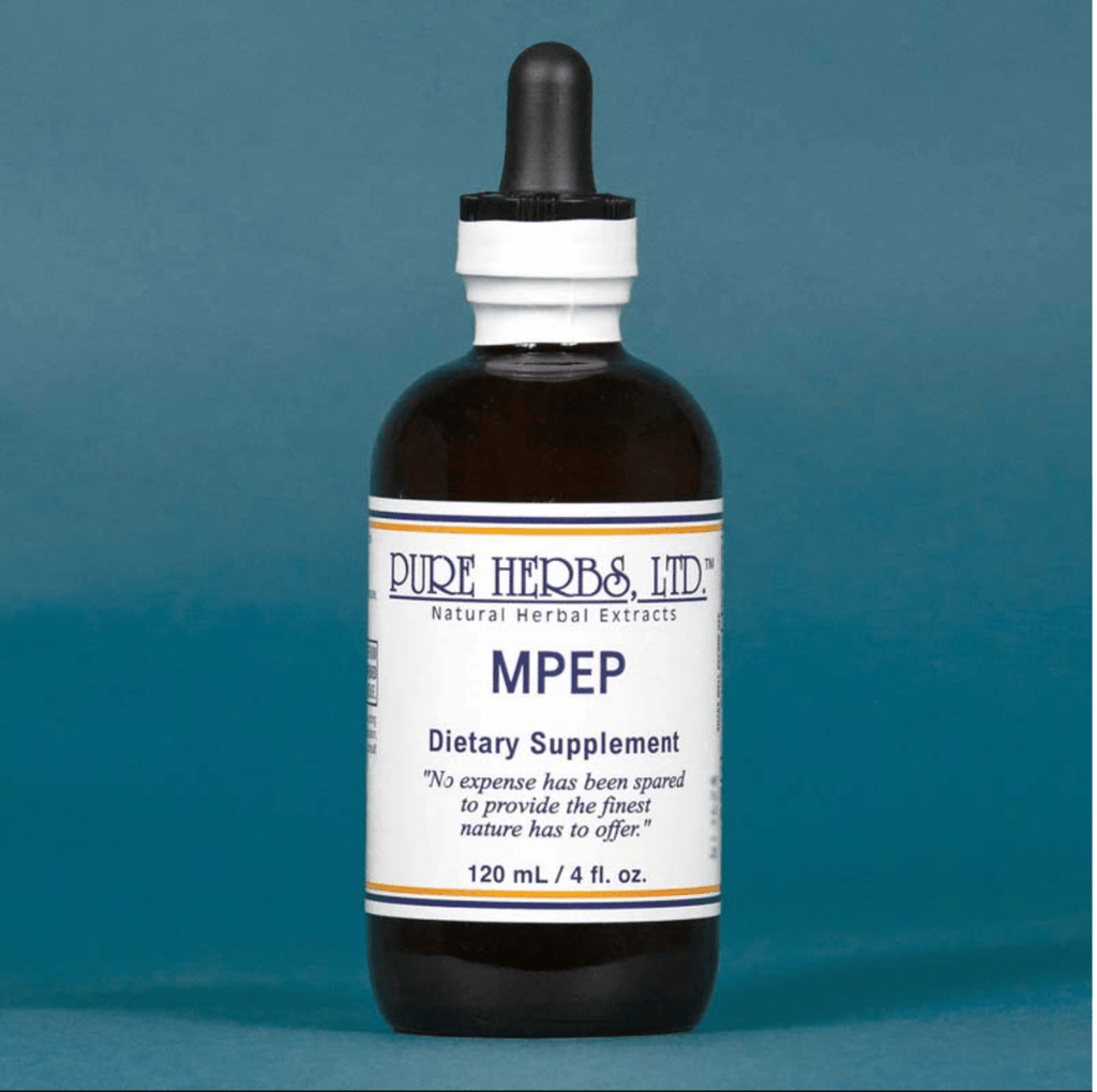 A 120 mL amber glass dropper bottle of Pure Herbs Ltd. MPEP dietary supplement, featuring a white label with blue and orange text, set against a solid teal-blue background.
